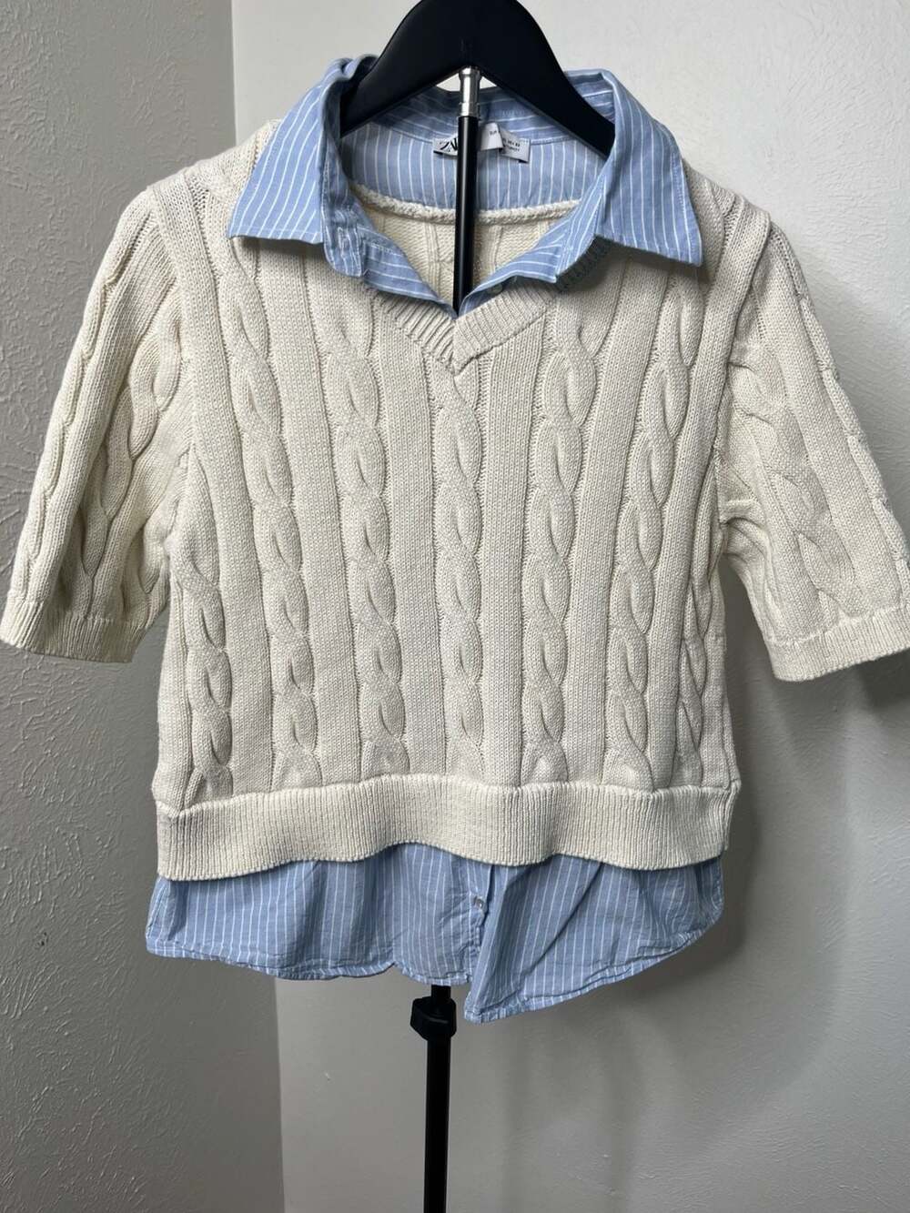 Preppy Collegiate Cable-Knit Layered-Look Striped Sweater Top